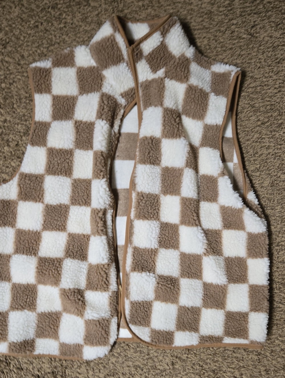 Cozy Checkerboard Sherpa Vest in Cream and Tan